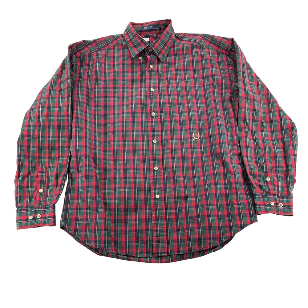 Tommy Hilfiger Button Down Shirt L Plaid Cotton Lion Crest Logo Long Sleeve